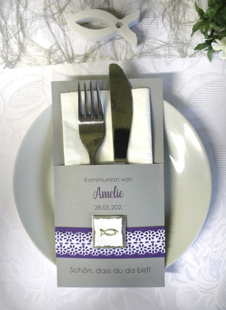 Bestecktasche "Blütenband und Fisch" zur Konfirmation, Kommunion, Firmung oder Taufe Design 5012 in blau-lila-grün-rosa oder türkis – Bild 5