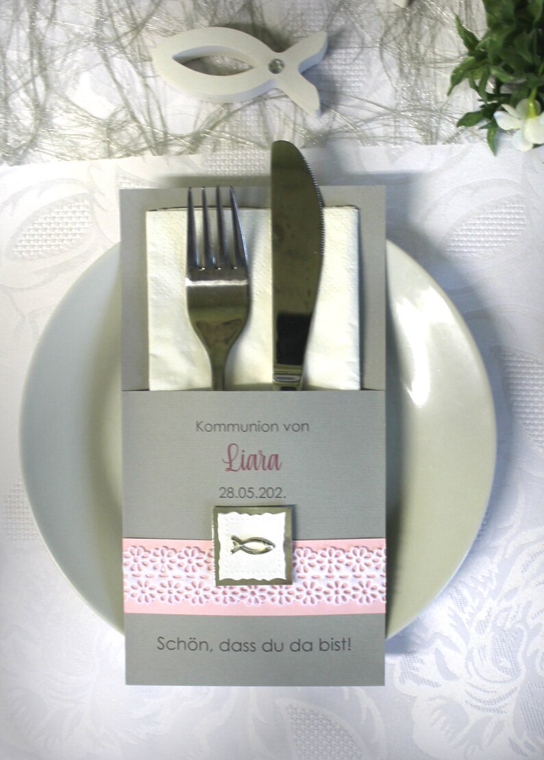 Bestecktasche "Blütenband und Fisch" zur Konfirmation, Kommunion, Firmung oder Taufe Design 5012 in blau-lila-grün-rosa oder türkis – Bild 6