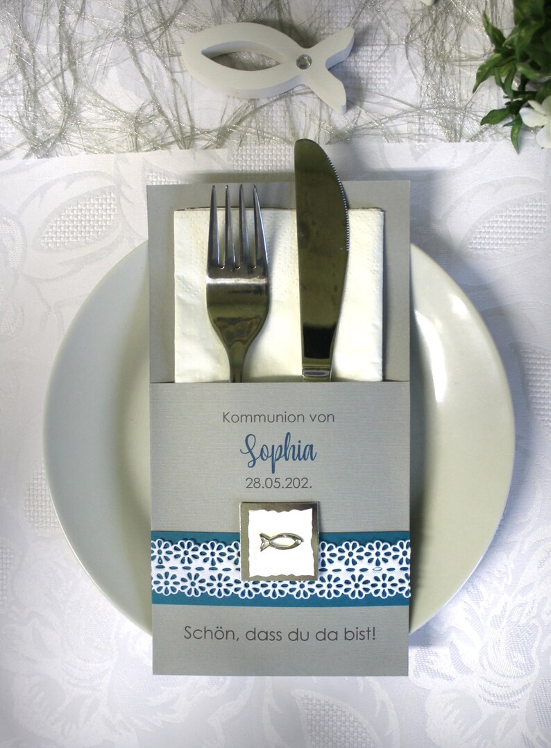 Bestecktasche "Blütenband und Fisch" zur Konfirmation, Kommunion, Firmung oder Taufe Design 5012 in blau-lila-grün-rosa oder türkis – Bild 7