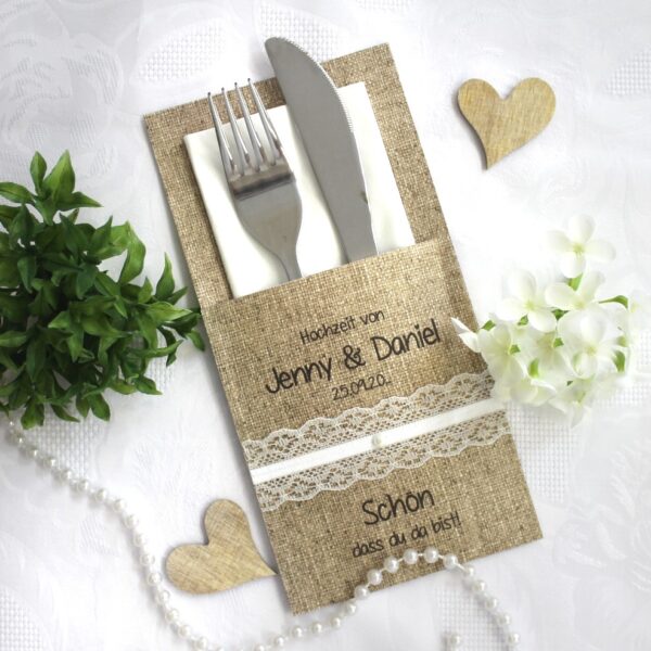 Bestecktasche Leinenoptik zur Hochzeit mit echter Spitze personalisiert Design 7000