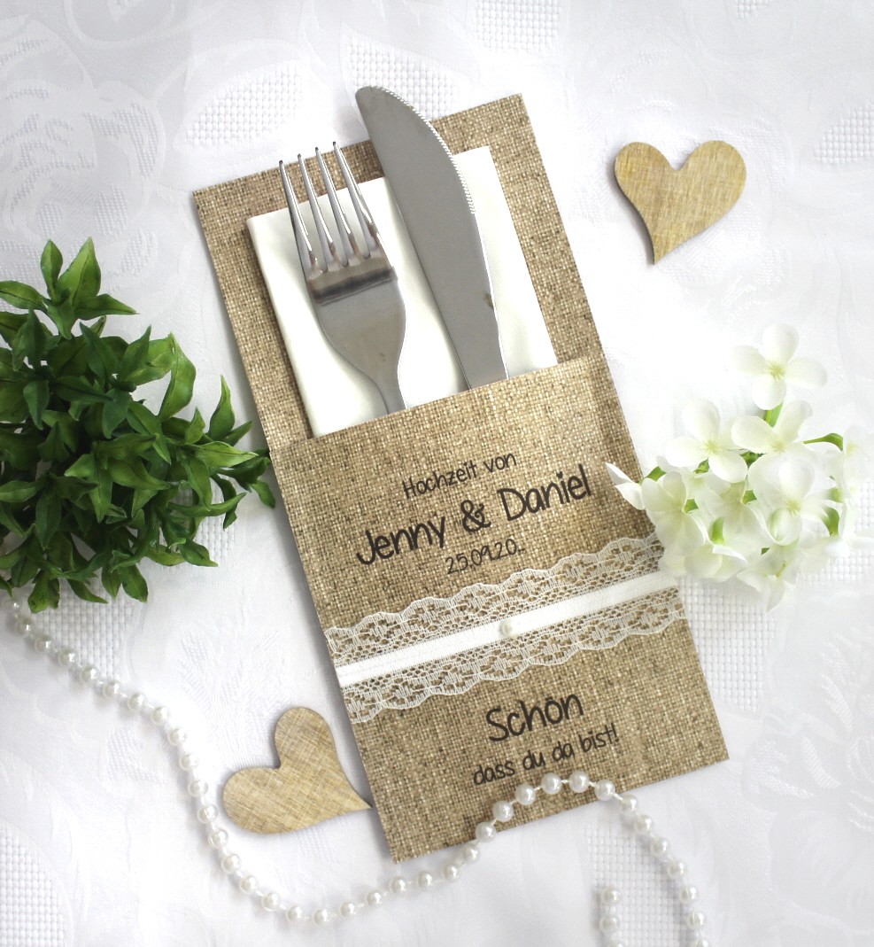 Bestecktasche Leinenoptik zur Hochzeit mit echter Spitze personalisiert Design 7000