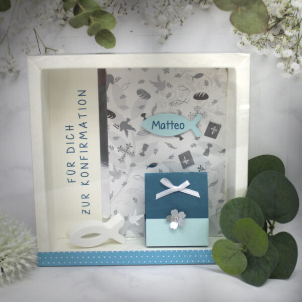 Geschenkschachtel zur Konfirmation, Kommunion oder Firmung "türkis" mit transparentem Schiebedeckel, zum kleinen Preis Design 70068