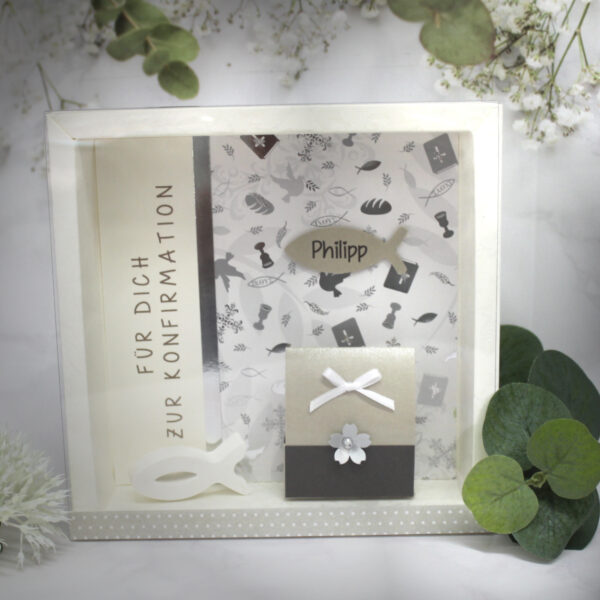 Geschenkschachtel zur Konfirmation, Kommunion oder Firmung "braun" mit transparentem Schiebedeckel, zum kleinen Preis Design 70069