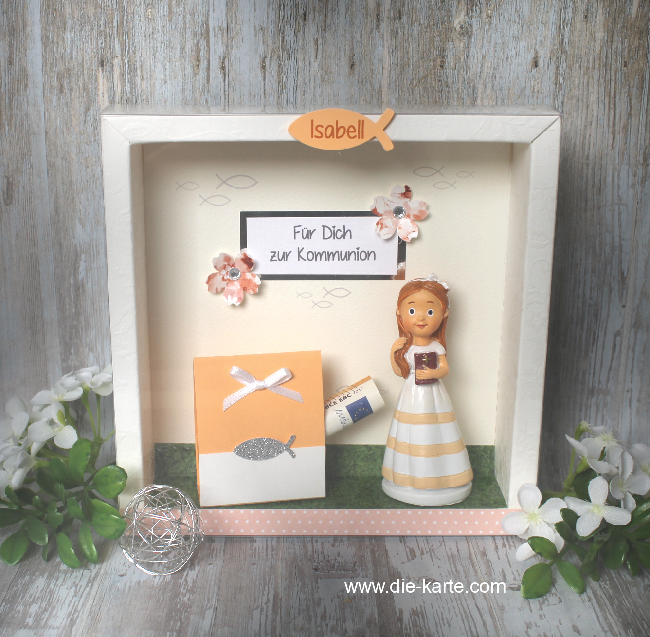 Geschenkschachtel Mädchen "aprikot" zur Konfirmation oder Kommunion mit transparentem Schiebedeckel, hochwertige Qualität, Design 70075