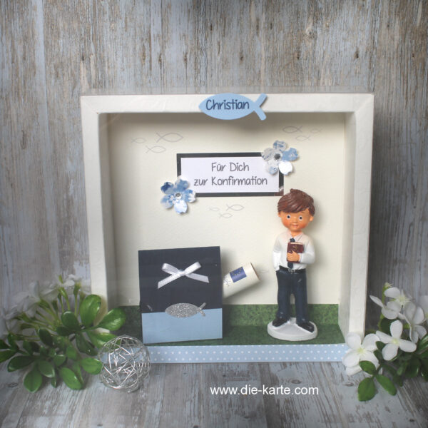Geschenkschachtel als Rahmen zur Konfirmation oder Kommunion „blau“ mit transparentem Schiebedeckel, hochwertige Qualität, Design 70077