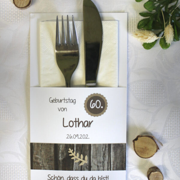 Bestecktasche "Holzoptik rustikal" zum Geburtstag, personalisiert, Design 7206