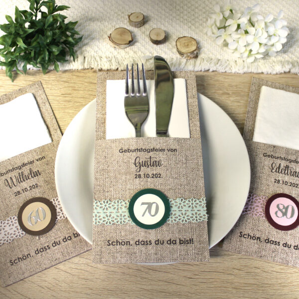 Bestecktasche Leinenoptik zum Geburtstag, mit Blütenband 50-60-70-80-90 Design 7207