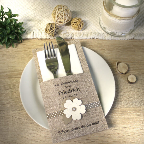 Bestecktasche Leinenoptik zum Geburtstag, rustikal mit Blüte Design 7209