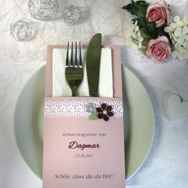 Bestecktasche zum Geburtstag, mit Band und Blüten, Design 7210