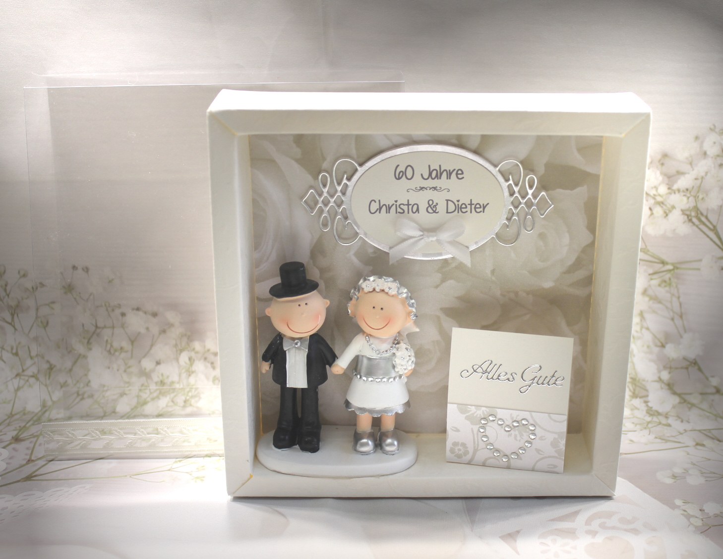 Geschenkschachtel als Rahmen zur "Diamantenen Hochzeit" mit transparentem Schiebedeckel, hochwertige Qualität, Design 8001