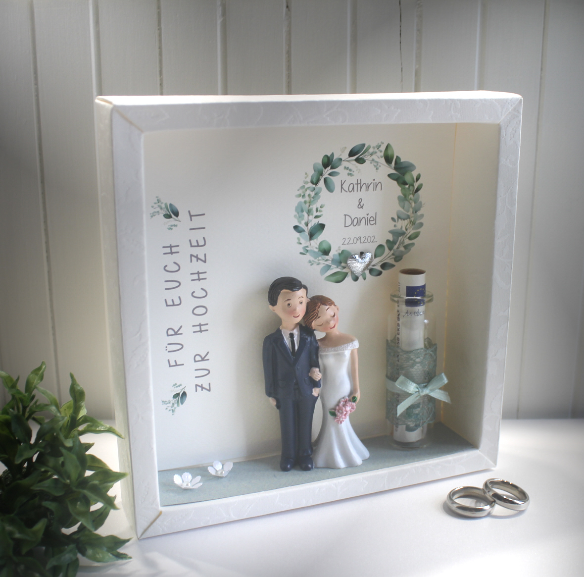 Geschenkschachtel als Rahmen zur "Hochzeit" Eukalyptus mit transparentem Schiebedeckel, hochwertige Qualität, personalisiert, Design 8003 – Bild 2