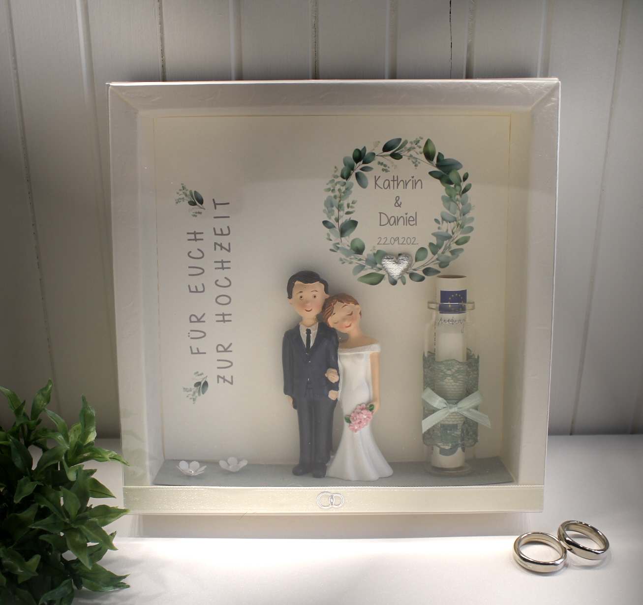 Geschenkschachtel als Rahmen zur "Hochzeit" Eukalyptus mit transparentem Schiebedeckel, hochwertige Qualität, personalisiert, Design 8003