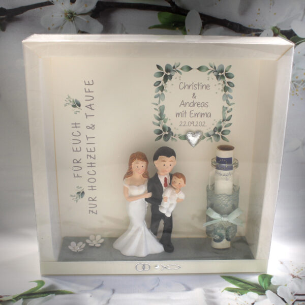 Geschenkschachtel als Rahmen zur "Hochzeit & Taufe" Eukalyptus mit transparentem Schiebedeckel, personalisiert, Design 8003-1