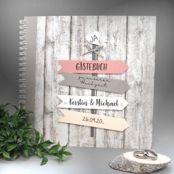 Gästebuch Hochzeit mit Namen Holzoptik "Wegweiser" 80041 in 5 Farben