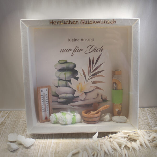 Geschenkschachtel als Rahmen "Wellness" mit transparentem Schiebedeckel, hochwertige Qualität Design 8007