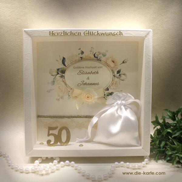 Geschenkschachtel als Rahmen zur Goldenen Hochzeit "Rosen" mit transparentem Schiebedeckel, hochwertige Qualität, Design 8020