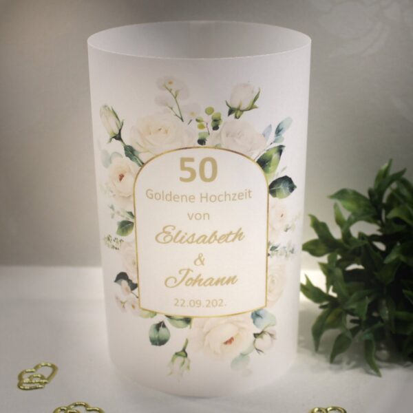 Lichthülle, Windlicht Pergament zur Goldenen Hochzeit "Rosen" Design 8020