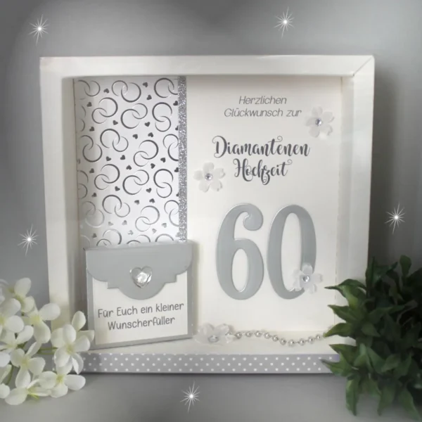 Geschenkschachtel als Rahmen zur Diamant Hochzeit "silberne 60" mit transparentem Schiebedeckel, hochwertige Qualität, Design 8024
