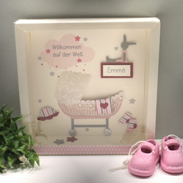 Geschenkschachtel als Rahmen zur "Geburt" Babywiege rosa mit transparentem Schiebedeckel, personalisiert, Design 8029