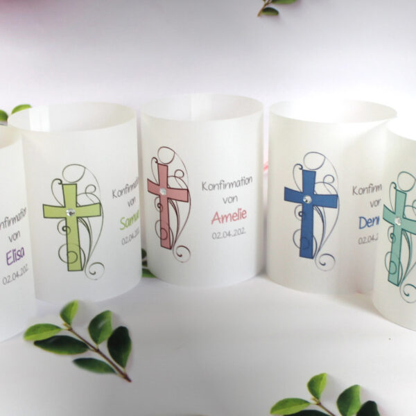 Lichthülle, Windlicht Pergament zur Konfirmation, Kommunion oder Taufe, zum kleinen Preis!! Design 908 Kreuz