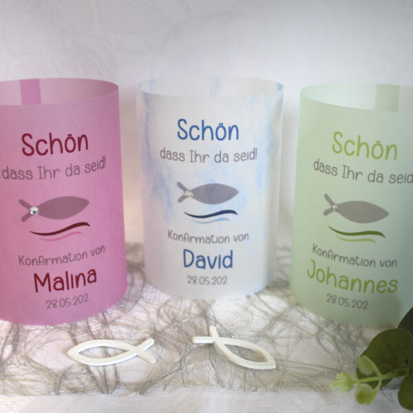 5x Lichthülle farbig, Windlicht Pergament, zur Konfirmation, Kommunion oder Taufe zum kleinen Preis!! Design 909 mit Strassstein