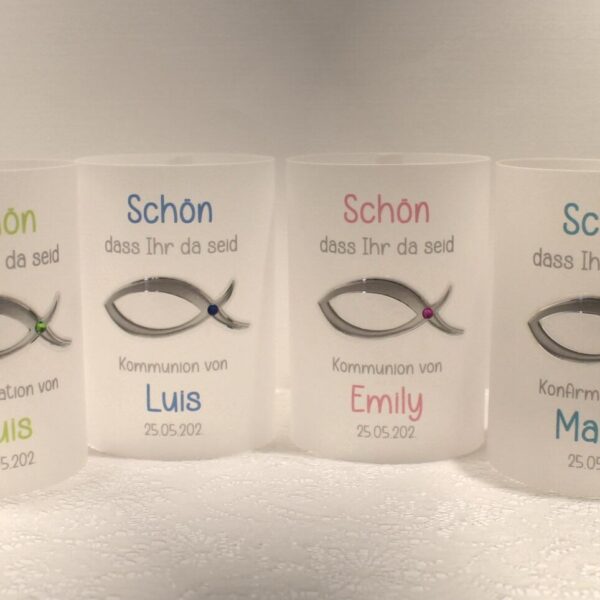 Lichthülle, Windlicht Pergament zur Taufe, Konfirmation oder Kommunion "Fisch silber glänzend" Design 914