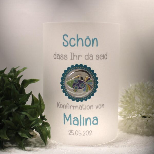 Lichthülle, Windlicht Pergament zur Taufe, Konfirmation oder Kommunion "Fisch türkis" Design 916