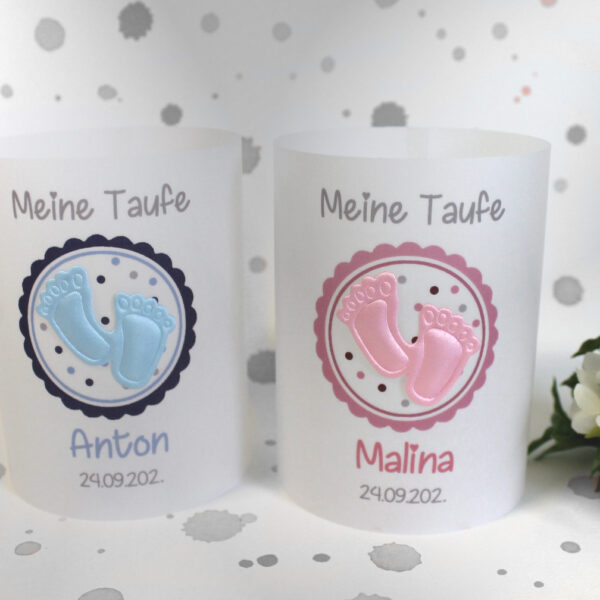 Lichthülle, Windlicht Pergament zur Taufe "Satinfüße" zum kleinen Preis!! Design 924