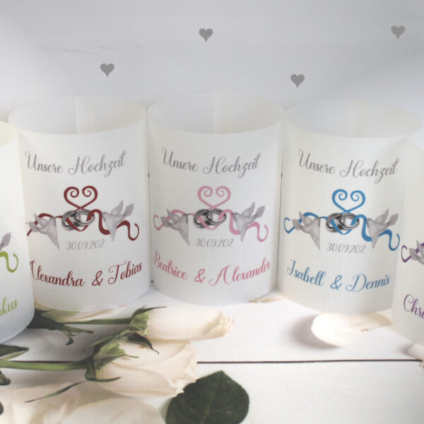 Lichthülle, Windlicht Pergament zur Hochzeit zum kleinen Preis!! Design 931, Tauben mit Herz