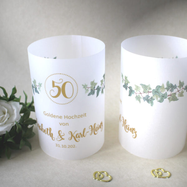 Lichthülle, Windlicht Pergament zur Goldenen Hochzeit "Efeuranke Design 948