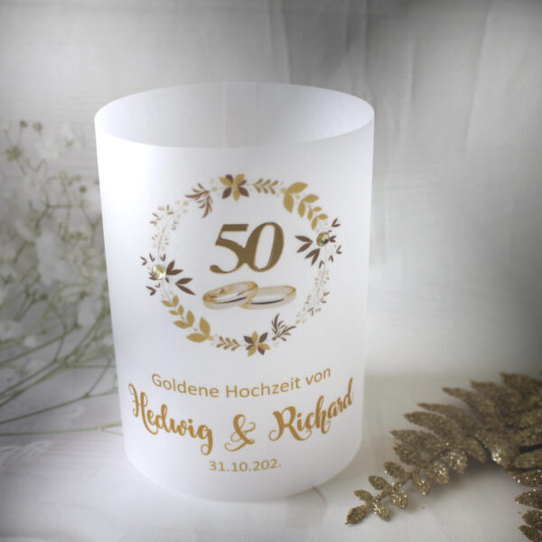 Lichthülle, Windlicht Pergament zur Goldenen Hochzeit "Blütenkranz" Design 949
