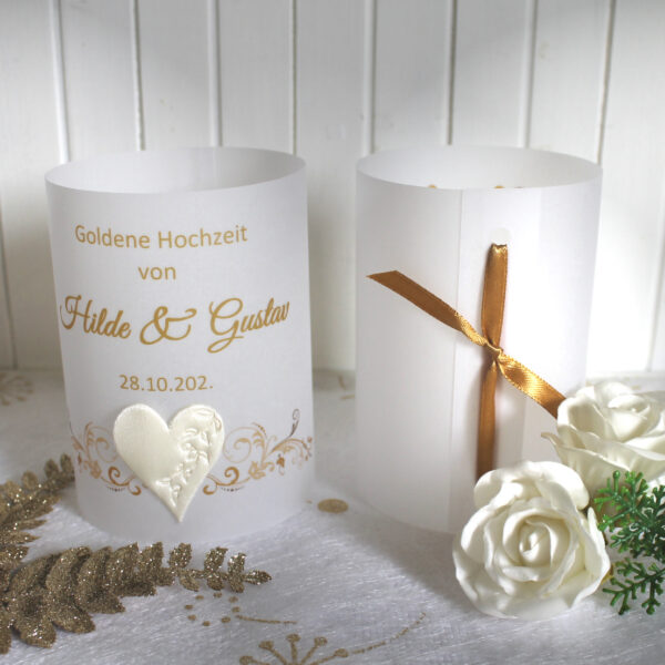 Lichthülle, Windlicht Pergament zur Goldenen Hochzeit, zum kleinen Preis!! Design 952 Satinherz mit Blätterprägung
