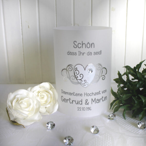 Lichthülle, Windlicht Pergament "Zur diamantenen Hochzeit" Herz mit Strassstein Design 960