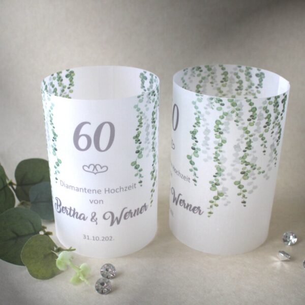 Lichthülle, Windlicht Pergament "Zur diamantenen Hochzeit" Eukalyptusgirlande Design 962