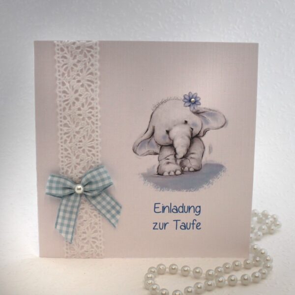 Bastelset DIY Einladung zur Taufe "Elefant" hellblau, hochwertige Qualität incl. Umschlag & Einlegeblatt Design T02