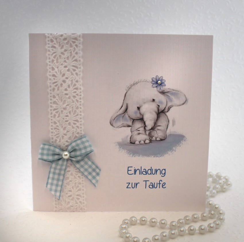 Bastelset DIY Einladung zur Taufe "Elefant" hellblau, hochwertige Qualität incl. Umschlag & Einlegeblatt Design T02