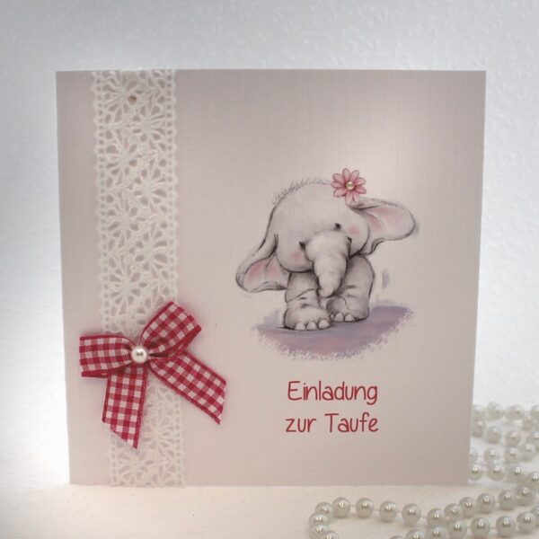 Bastelset DIY Einladung zur Taufe "Elefant" rosa, hochwertige Qualität incl. Umschlag & Einlegeblatt Design T02