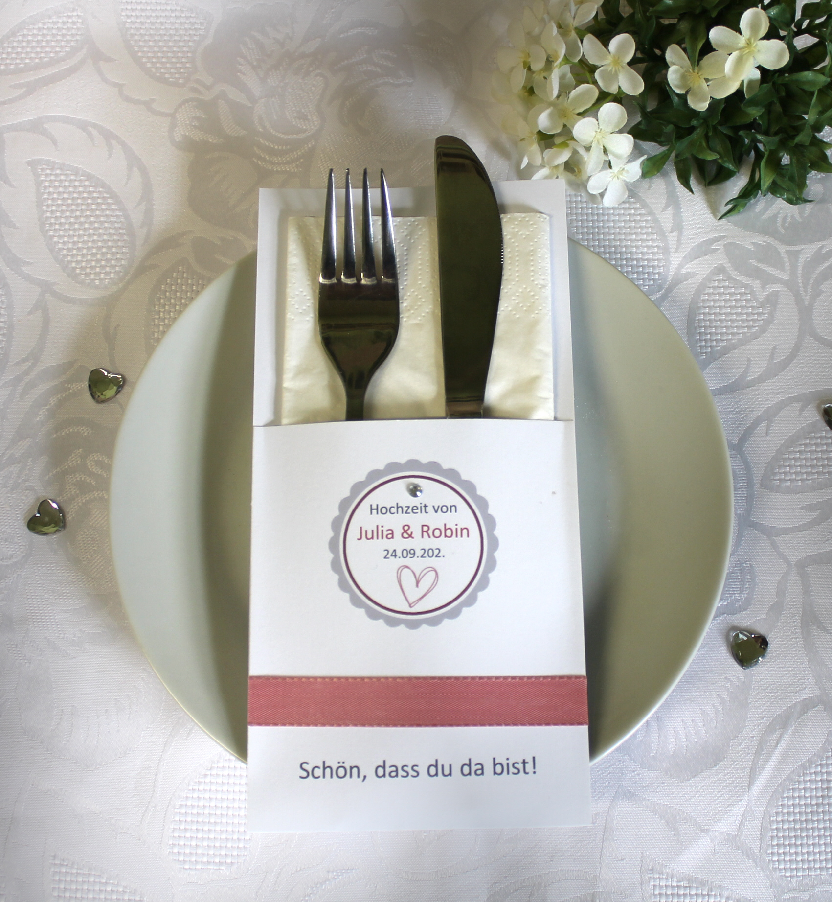 Bestecktasche zur Hochzeit zum kleinen Preis Design 426 wahlweise in 6 Farben: lila-apfelgrün-mint-bordeauxrot-blau-altrosa – Bild 8