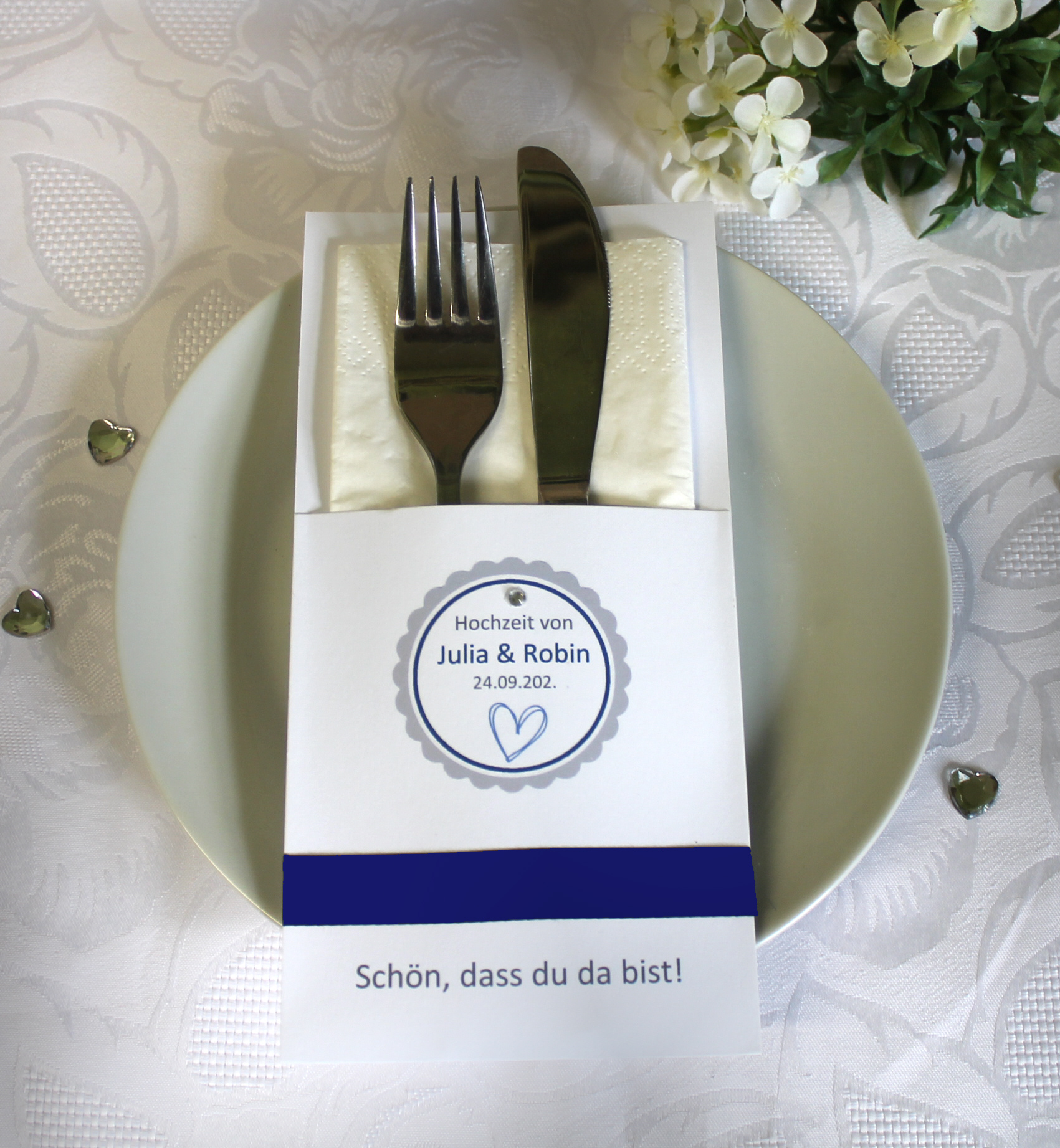 Bestecktasche zur Hochzeit zum kleinen Preis Design 426 wahlweise in 6 Farben: lila-apfelgrün-mint-bordeauxrot-blau-altrosa – Bild 7