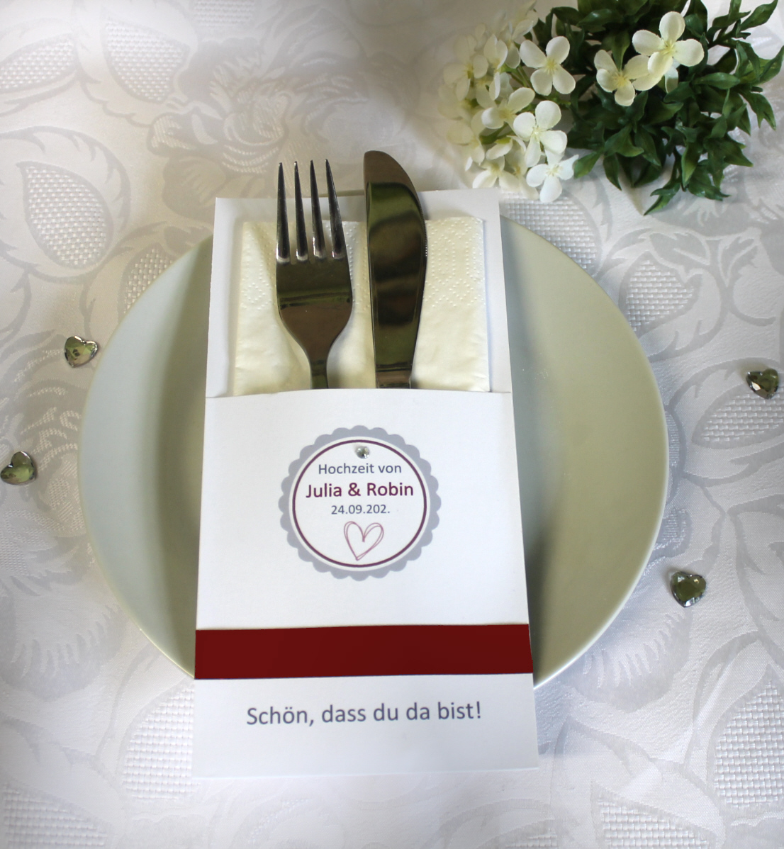 Bestecktasche zur Hochzeit zum kleinen Preis Design 426 wahlweise in 6 Farben: lila-apfelgrün-mint-bordeauxrot-blau-altrosa – Bild 6