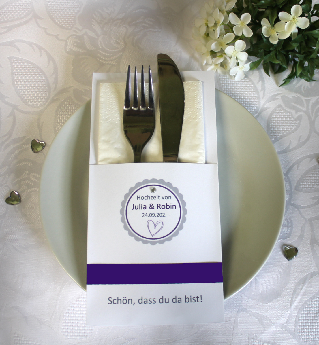 Bestecktasche zur Hochzeit zum kleinen Preis Design 426 wahlweise in 6 Farben: lila-apfelgrün-mint-bordeauxrot-blau-altrosa – Bild 3