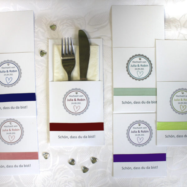 Bestecktasche zur Hochzeit zum kleinen Preis Design 426 wahlweise in 6 Farben: lila-apfelgrün-mint-bordeauxrot-blau-altrosa