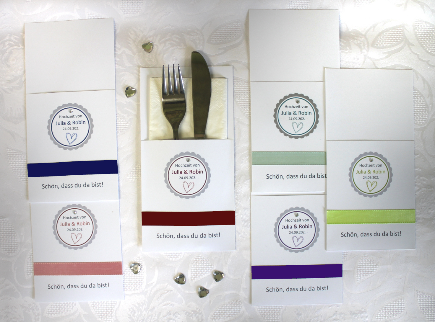 Bestecktasche zur Hochzeit zum kleinen Preis Design 426 wahlweise in 6 Farben: lila-apfelgrün-mint-bordeauxrot-blau-altrosa