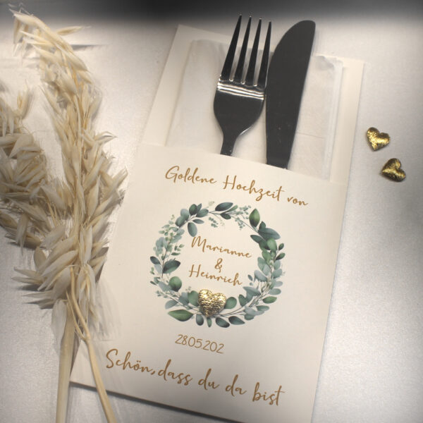 Bestecktasche zur goldenen Hochzeit "Eukalyptus mit Herz" sehr edel Design 7119