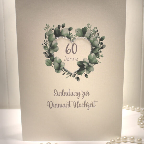 Einladungskarte "Eukalyptusherz" für Ihre Diamantene Hochzeit, incl. Umschlag zum kleinen Preis Design DI 03