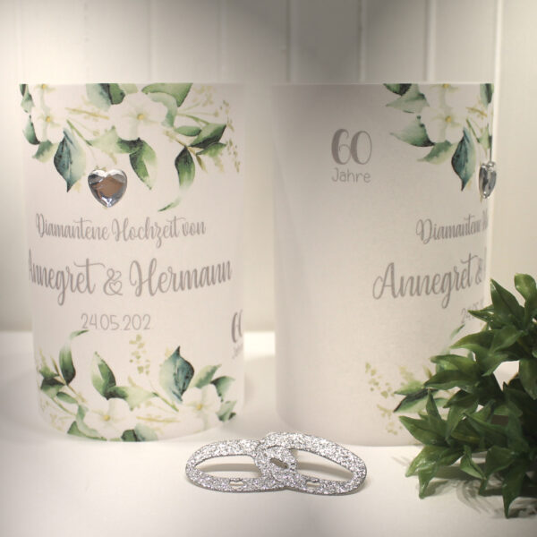 Lichthülle, Windlicht Pergament zur diamantenen Hochzeit "Blüten weiss" mit Strassherz Design DI01 WL