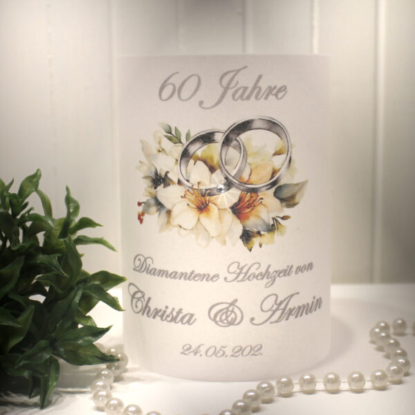 Lichthülle, Windlicht Pergament zur diamantenen Hochzeit "Ringe" mit Strassstein Design DI04 WL