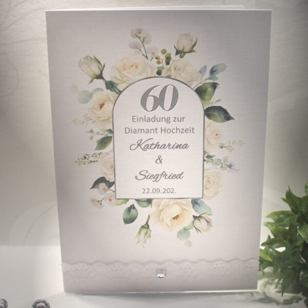 Einladung zur Diamantenen Hochzeit "Rosen" aus edlem Feinleinenkarton incl. Personalisierung und Umschlag Design 8021