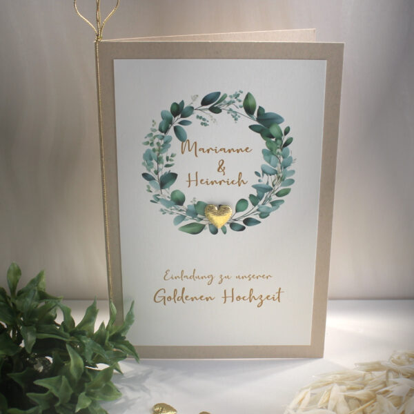 Einladung zur Goldenen Hochzeit "Eukalyptus mit Herz" incl. Personalisierung, Umschlag Design 7119