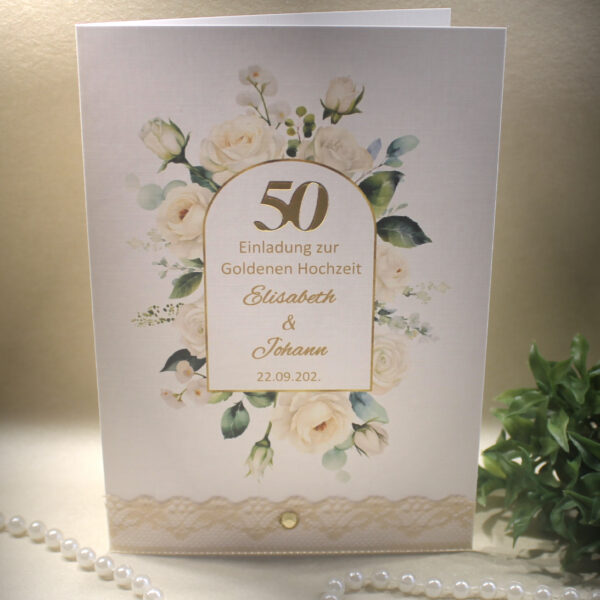 Einladung zur Goldenen Hochzeit "Rosen" aus edlem Feinleinenkarton incl. Personalisierung und Umschlag Design 8020